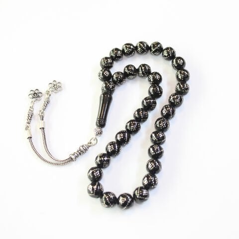 V Baklava İşlemeli Oltu Taşı Tespih 8,5 (mm)