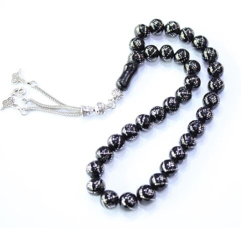 V Baklava İşlemeli Küre Oltu Taşı Tespih 9 (mm)