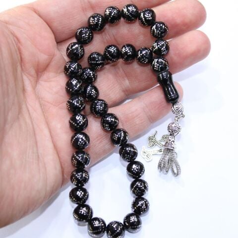 V Baklava İşlemeli Küre Oltu Taşı Tespih 9 (mm)