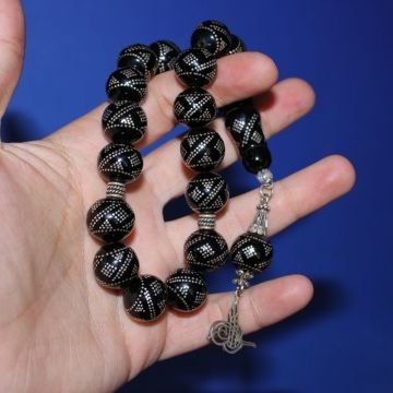 Yoğun Gümüş İşlemeli 17'li Maskot Oltu Taşı Tespih Küre Kesim 16 (mm)