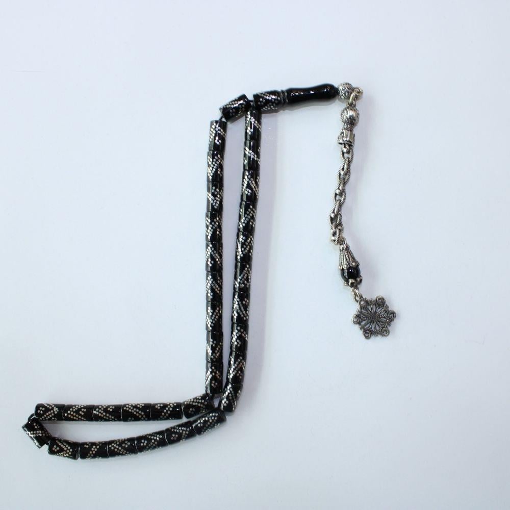 Gümüş İşlemeli Kesme Oltu Taşı Tespih 5,5*9 (mm)