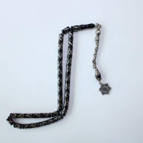 Gümüş İşlemeli Kesme Oltu Taşı Tespih 5,5*9 (mm)