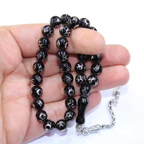 Ay Yıldız & Üç Hilal İşlemeli Oltu Taşı Tespih 8 (mm)