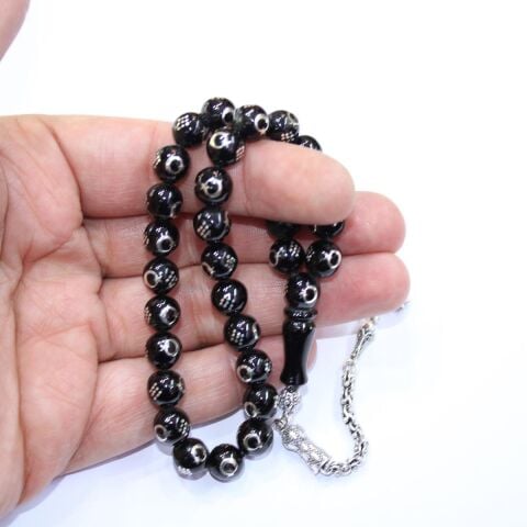 Ay Yıldız İşlemeli Oltu Taşı Tespih 8 (mm)