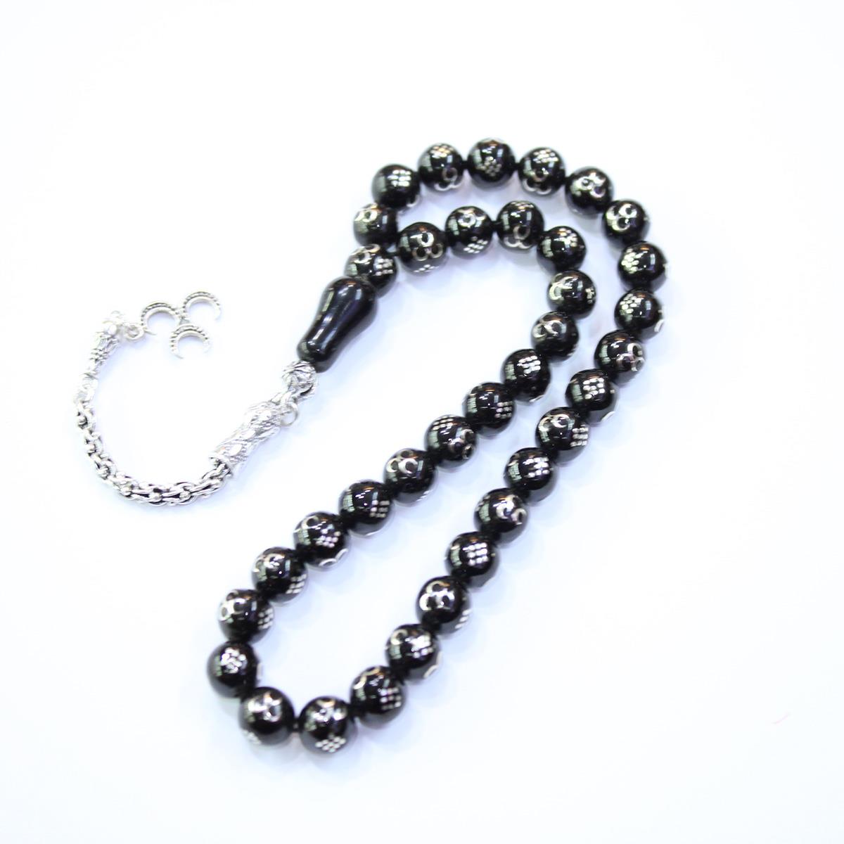 Üç Hilal İşlemeli Oltu Taşı Tespih 8 (mm)