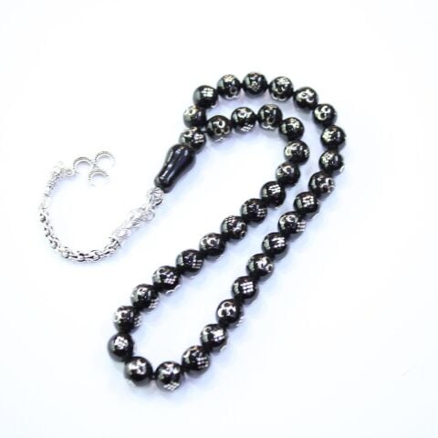 Üç Hilal İşlemeli Oltu Taşı Tespih 8 (mm)