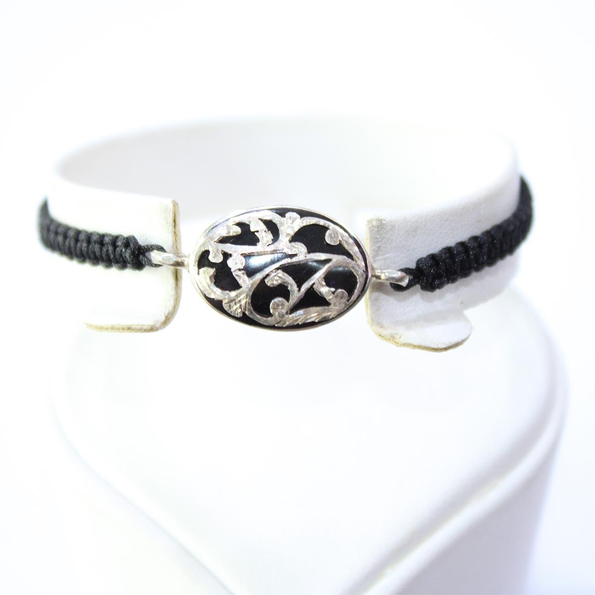 El Yapımı Gümüş Motifli Oltu Taşı Oval Asansörlü Bileklik-1