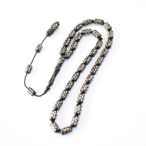 Yoğun İşlemeli Sistem Püsküllü Oltu Taşı Tespih 6*11 (mm)