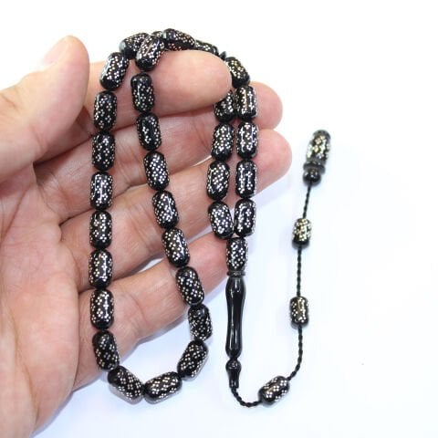 Yoğun İşlemeli Sistem Püsküllü Oltu Taşı Tespih 6*11 (mm)