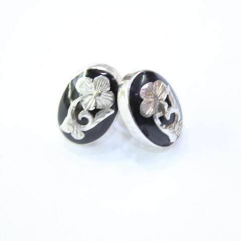 El Yapımı Gümüş Oltu Taşı Güllü Küpe Oval