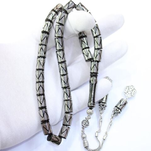 Piramid İşlemeli Oltu Taşı Tespih 8*12 (mm)