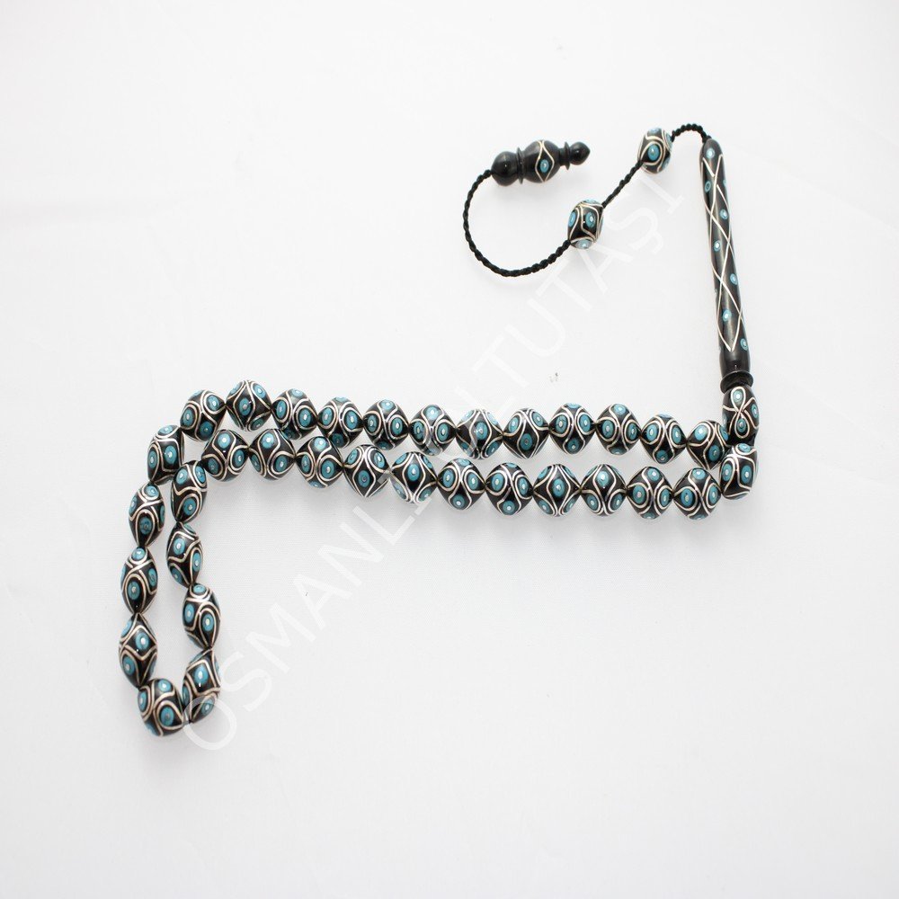 Üst Düzey Koleksiyonluk Örgü Firuze İşlemeli Beyzi Kesim Oltu Taşı Tespih 9,5*12,5 (mm)