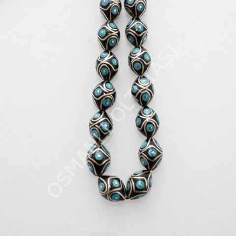 Üst Düzey Koleksiyonluk Örgü Firuze İşlemeli Beyzi Kesim Oltu Taşı Tespih 9,5*12,5 (mm)