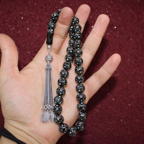 Firuze Gümüş İşlemeli Oltu Taşı Tespih Küre Kesim 11,5 (mm)