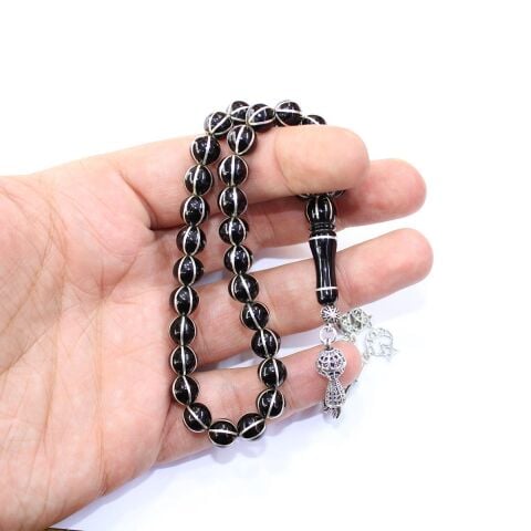 6'lı Karpuz İşlemeli Oltu Taşı Tespih 8 (mm)