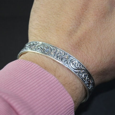 Kalem İşçiliği Gümüş Unisex Bileklik-2