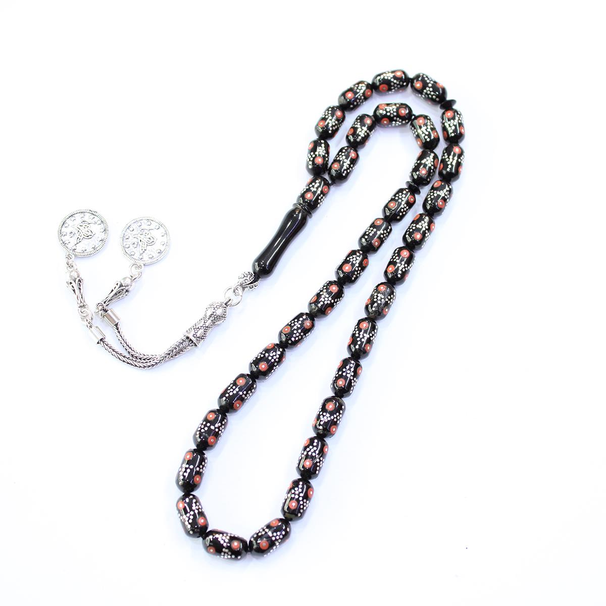 Piramid Mercan İşlemeli Oltu Taşı Tespih 6*11 (mm)