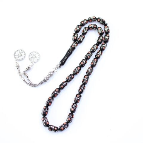 Piramid Mercan İşlemeli Oltu Taşı Tespih 6*11 (mm)