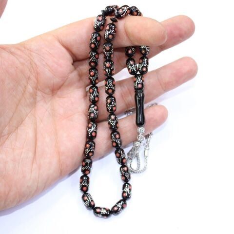 Piramid Mercan İşlemeli Oltu Taşı Tespih 6*11 (mm)