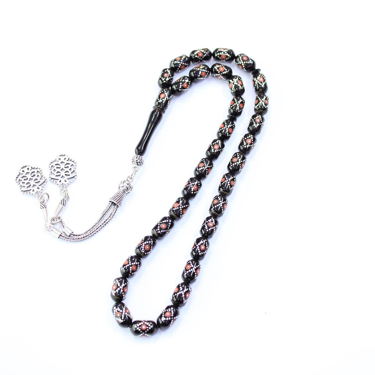 Örgü Mercan İşlemeli Oltu Taşı Tespih 6,5*10,5 (mm)