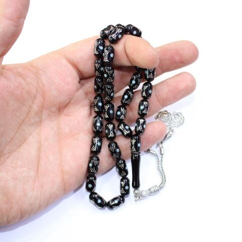 Papyon Firuze İşlemeli Oltu Taşı Tespih 6,5*12 (mm)