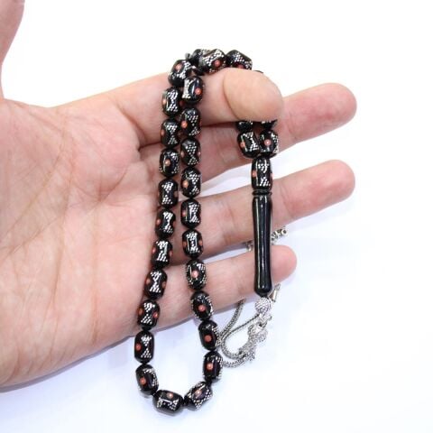 Papyon Mercan İşlemeli Oltu Taşı Tespih 7,5*11 (mm)