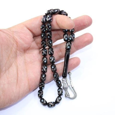 Firuze V İşlemeli Oltu Taşı Tespih 7*10,5 (mm)