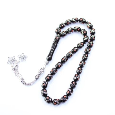 Mercan V İşlemeli Oltu Taşı Tespih 7,5*11 (mm)