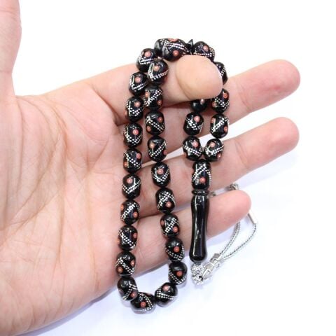 Mercan V İşlemeli Oltu Taşı Tespih 7,5*11 (mm)