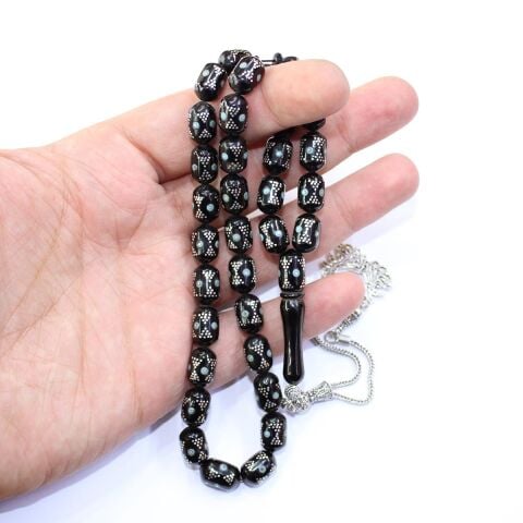 Papyon Firuze İşlemeli Oltu Taşı Tespih 8*12 (mm)