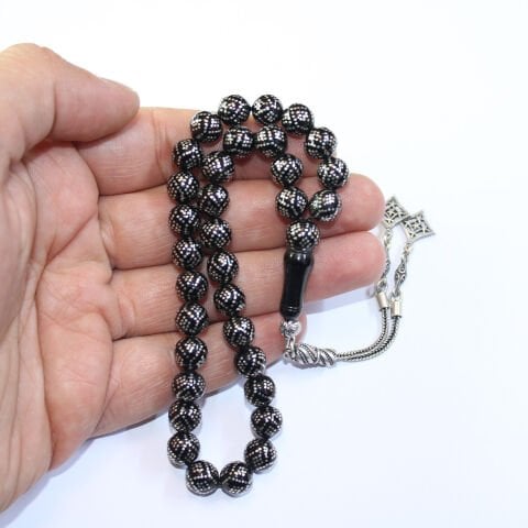 Yoğun Baklava İşlemeli Oltu Taşı Tespih 8,5 (mm)