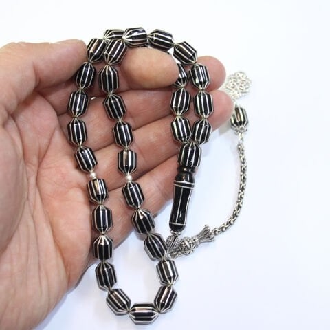 12 li Karpuz İşlemeli Oltu Taşı Tespih  8*12 (mm)