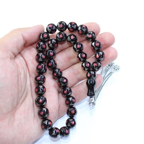 Piramid Mercan İşlemeli Oltu Taşı Tespih 10,5 (mm)