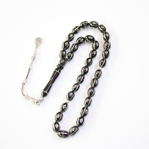 4 lü Karpuz Baklava İşlemeli Oltu Taşı Tespih 6,5*9 (mm)