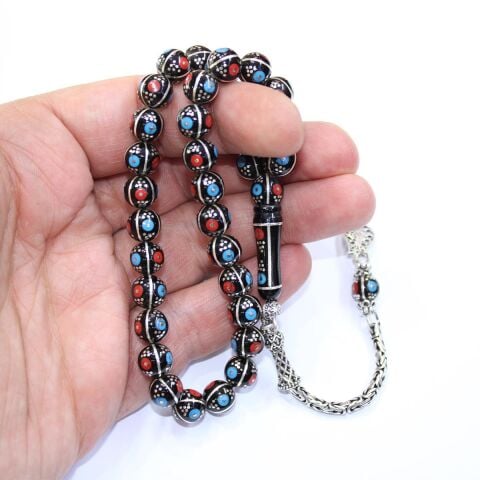 4 lü Mercan Firuze İşlemeli Oltu Taşı Tespih 8,3 (mm)