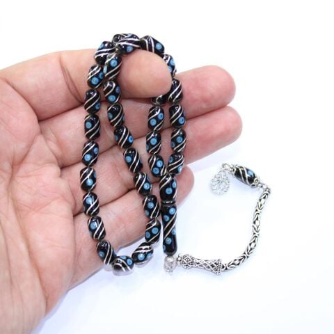 Çeşm-i Bülbül Firuze İşlemeli Oltu Taşı Tespih 5,5*9 (mm)