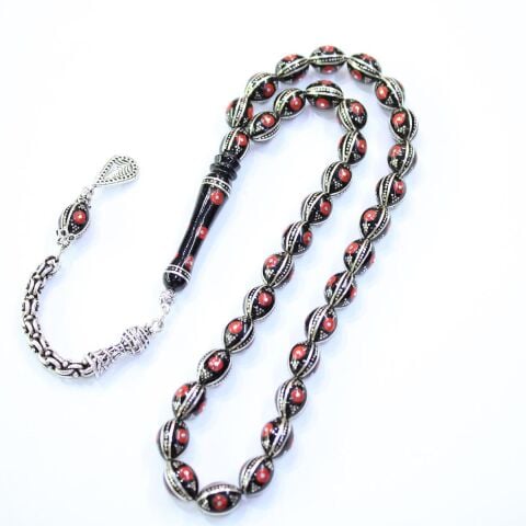 6 lı Mercan İşlemeli Oltu Taşı Tespih 8,5*11,5 (mm)