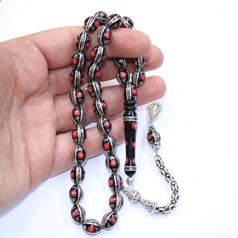 6 lı Mercan İşlemeli Oltu Taşı Tespih 8,5*11,5 (mm)