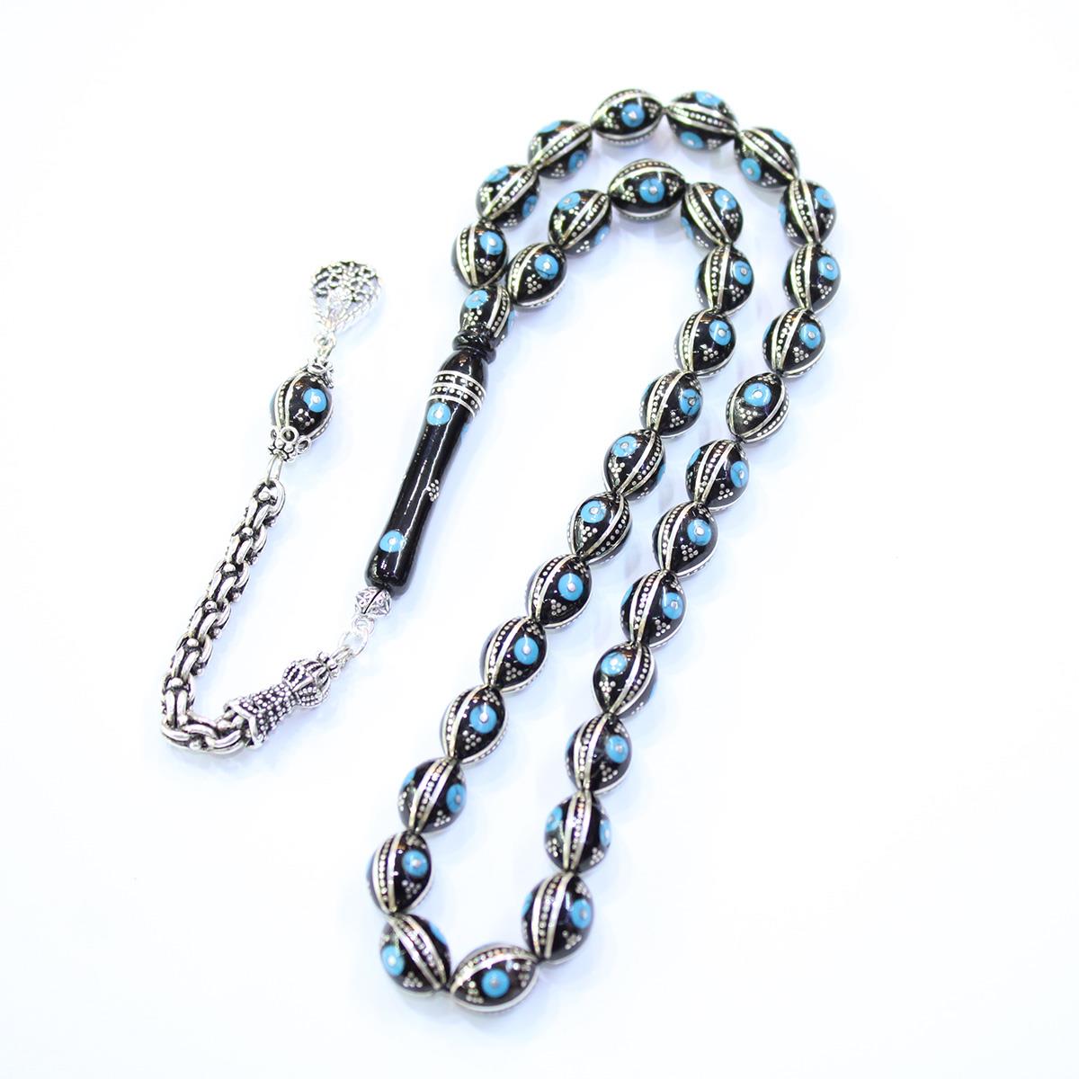 6 lı Firuze İşlemeli Oltu Taşı Tespih 8,5*11,5 (mm)