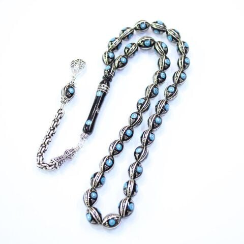 6 lı Firuze İşlemeli Oltu Taşı Tespih 8,5*11,5 (mm)