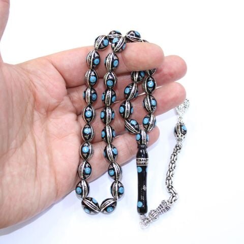 6 lı Firuze İşlemeli Oltu Taşı Tespih 8,5*11,5 (mm)