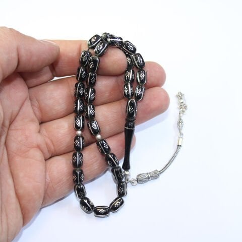 4 lü Karpuz Baklava İşlemeli Oltu Taşı Tespih 5,5*8 (mm)