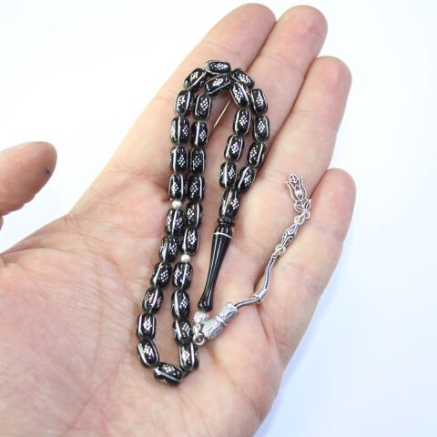 4 lü Karpuz Baklava İşlemeli Oltu Taşı Tespih 5,5*8 (mm)