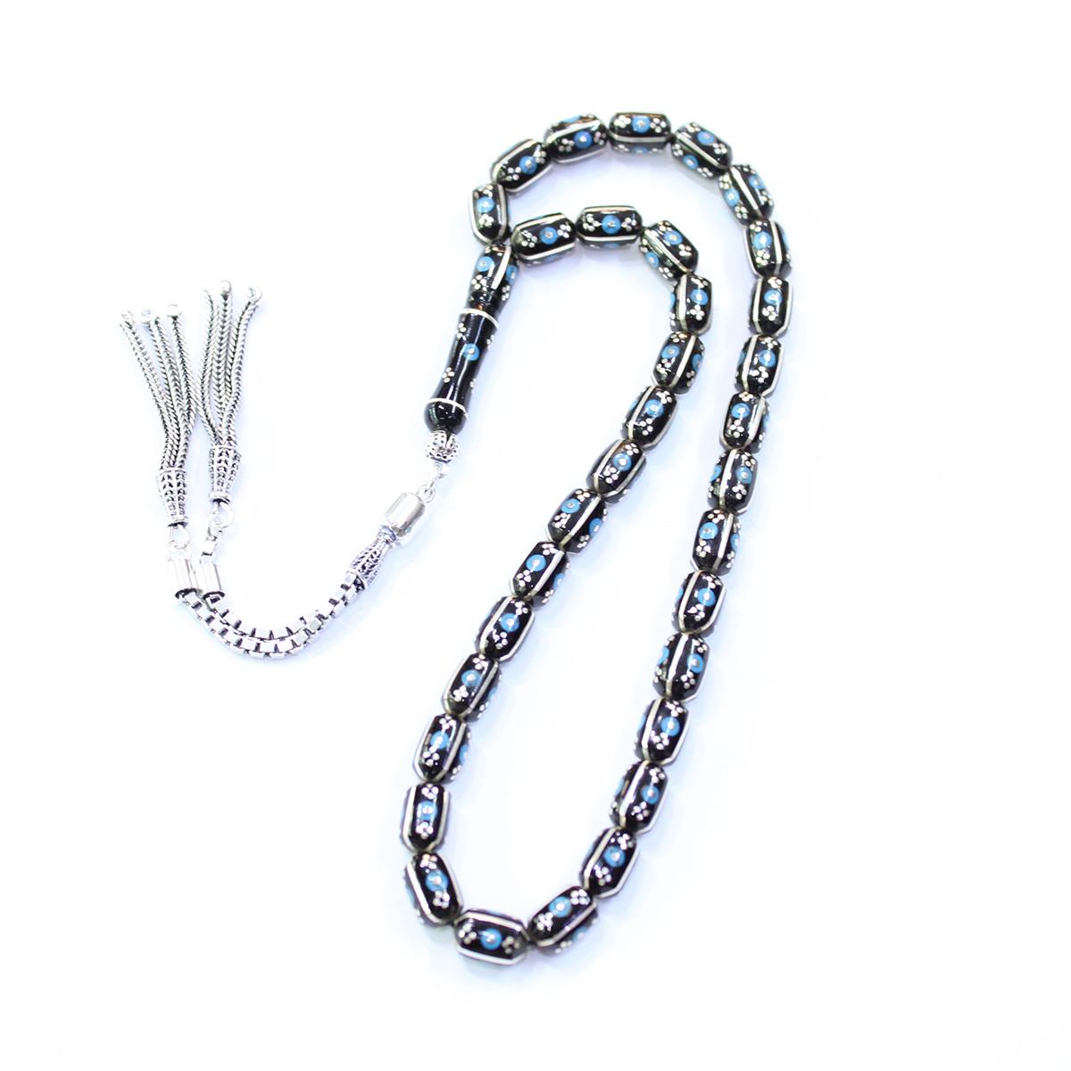 4 lü Karpuz Firuze İşlemeli Oltu Taşı Tespih 6*8,5 (mm)