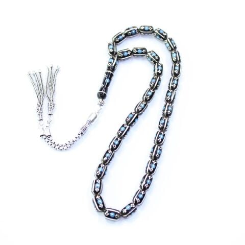 4 lü Karpuz Firuze İşlemeli Oltu Taşı Tespih 6*8,5 (mm)