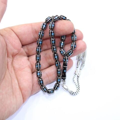 4 lü Karpuz Firuze İşlemeli Oltu Taşı Tespih 6*8,5 (mm)