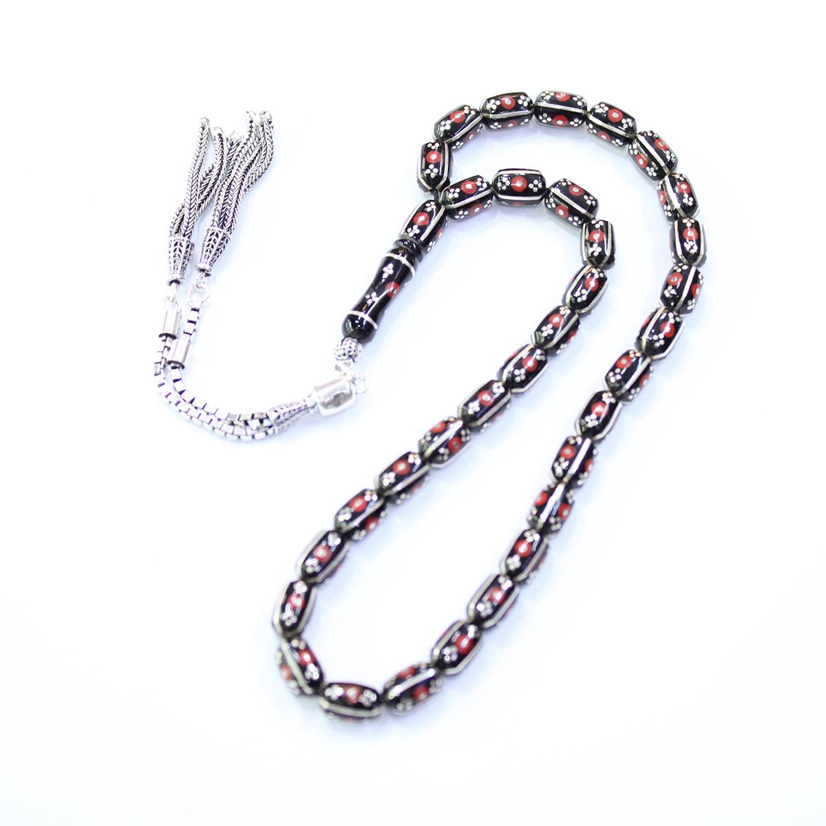 4 lü Kapruz İşlemeli Mercan Oltu Taşı Tespih 5,5*8,5 (mm)