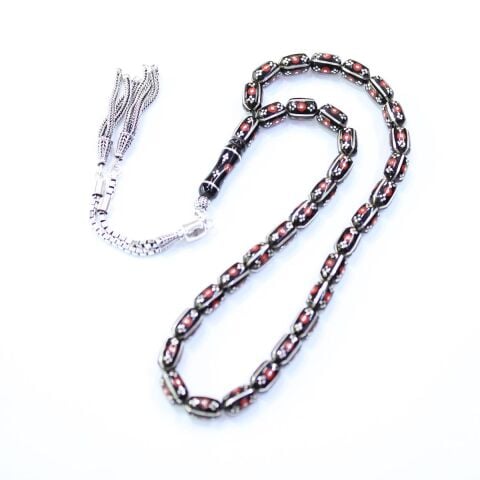 4 lü Kapruz İşlemeli Mercan Oltu Taşı Tespih 5,5*8,5 (mm)