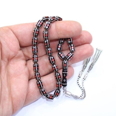 4 lü Kapruz İşlemeli Mercan Oltu Taşı Tespih 5,5*8,5 (mm)