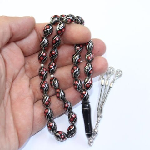 Çeşm-i Bülbül Mercan İşlemeli Oltu Taşı Tespih 7*11 (mm)